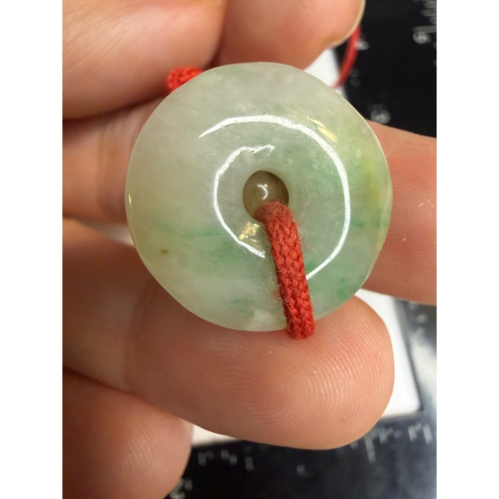 Green Jadeite Jade Donut Pendant Necklace Red Cord Bi Disc Luck Talisman